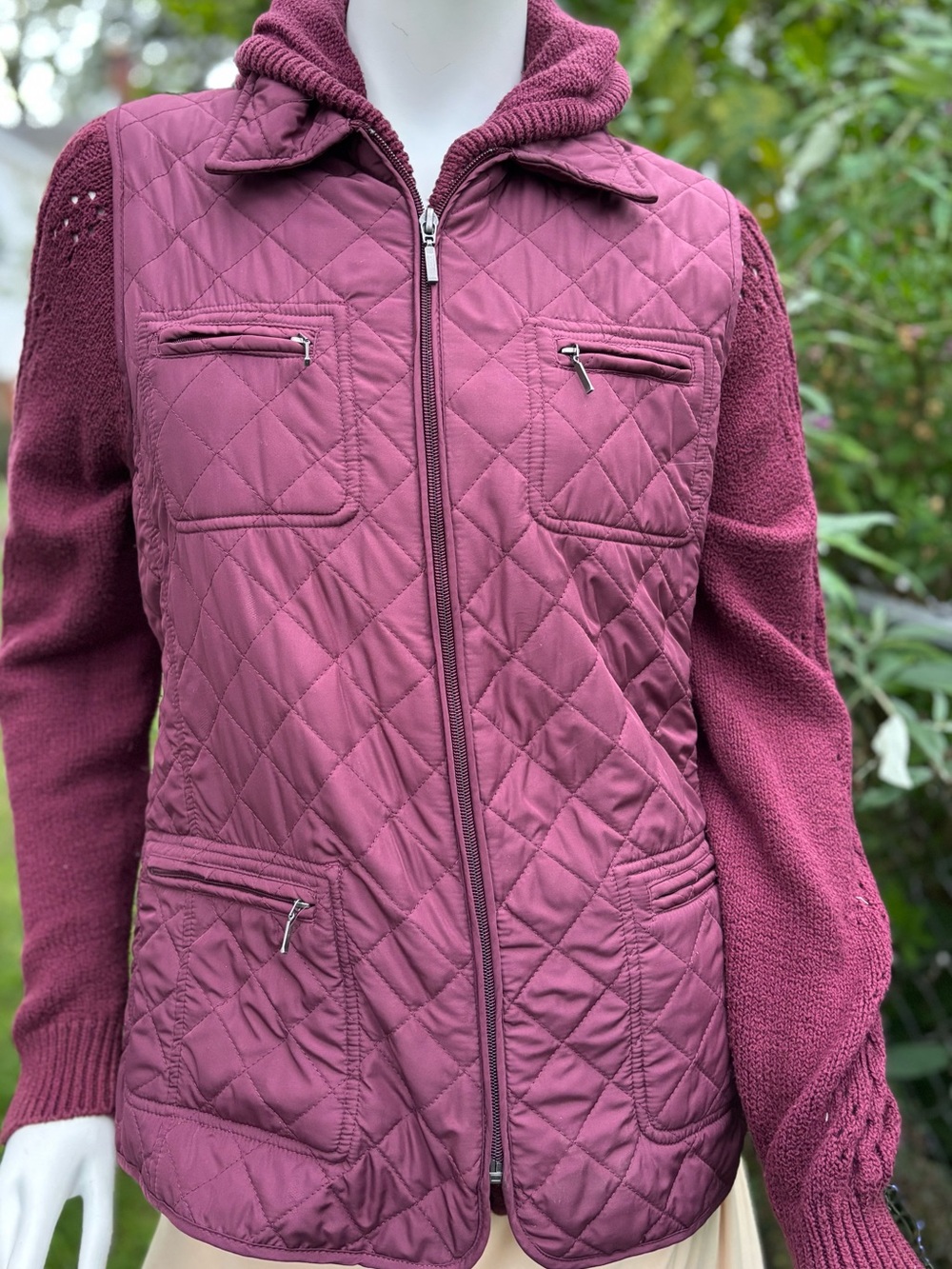 Women’s Zip Front Hooded Cardigan Sweater with Quilted Zip Front Vest